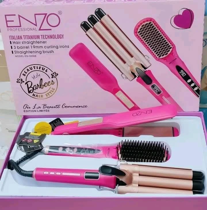 Pack Enzo Complet طقم إنزو الكامل – فرشاة حرارية، مكواة فرد، مكواة تجعيد ومجفف شعر