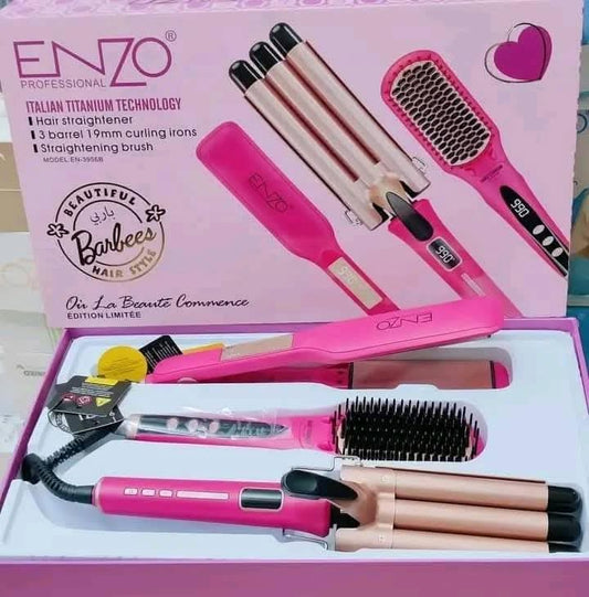 Pack Enzo Complet    طقم إنزو الكامل – فرشاة حرارية، مكواة فرد، مكواة تجعيد ومجفف شعر