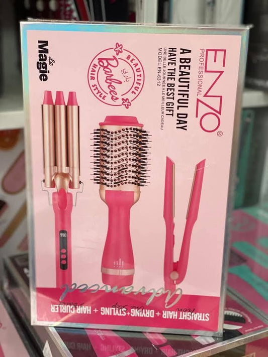Pack Enzo Complet    طقم إنزو الكامل – فرشاة حرارية، مكواة فرد، مكواة تجعيد ومجفف شعر